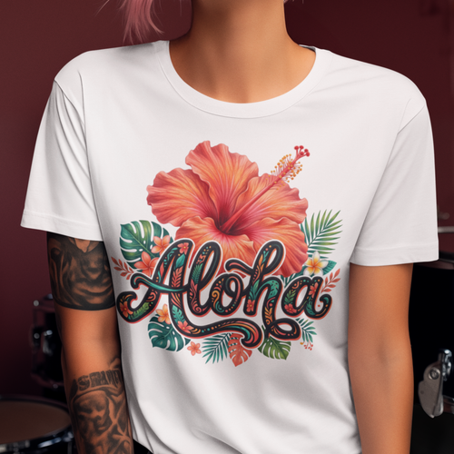 Buntes Aloha Hawaii Motiv auf transferiertem Stoff, hergestellt von Nicoles-Transferwelt