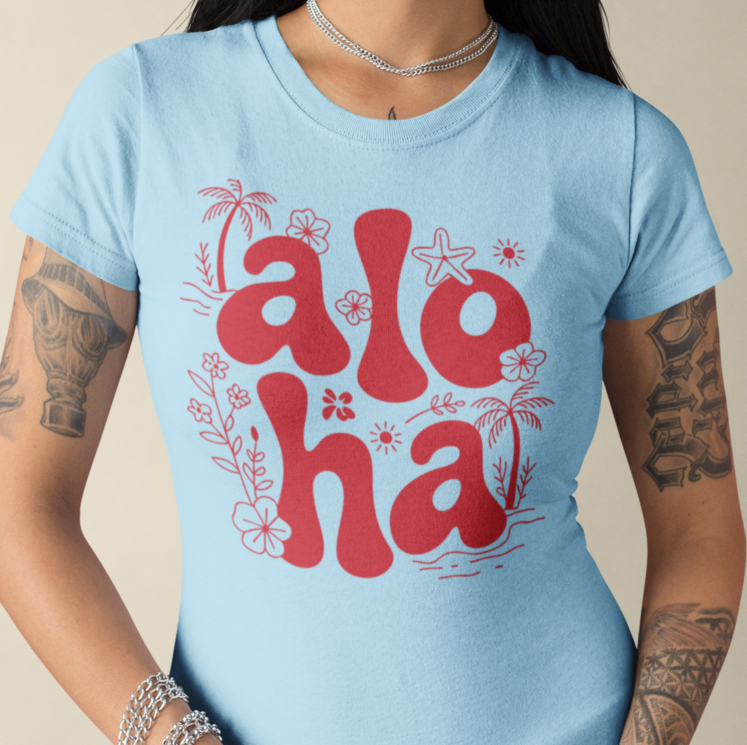 Aloha Motiv in Rot von Nicoles-Transferwelt, farbenfrohes Design auf weißem Hintergrund, ideal für Textil- und Bastelprojekte