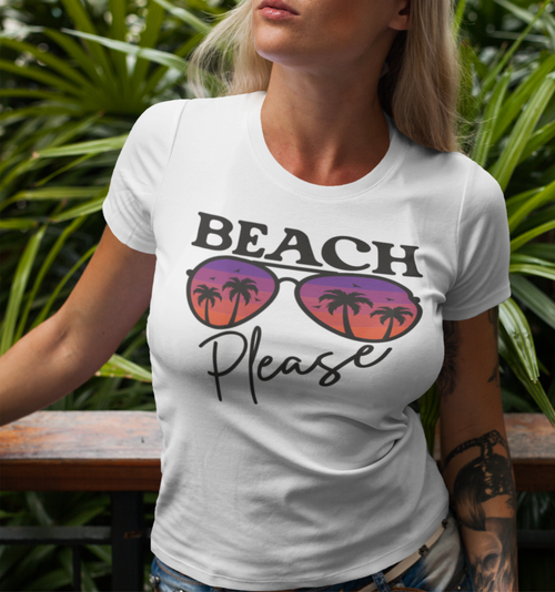 Motiv "Beach Please" auf weißem Hintergrund, von Nicoles-Transferwelt, ideal für Sommer- und Strand-Designs.