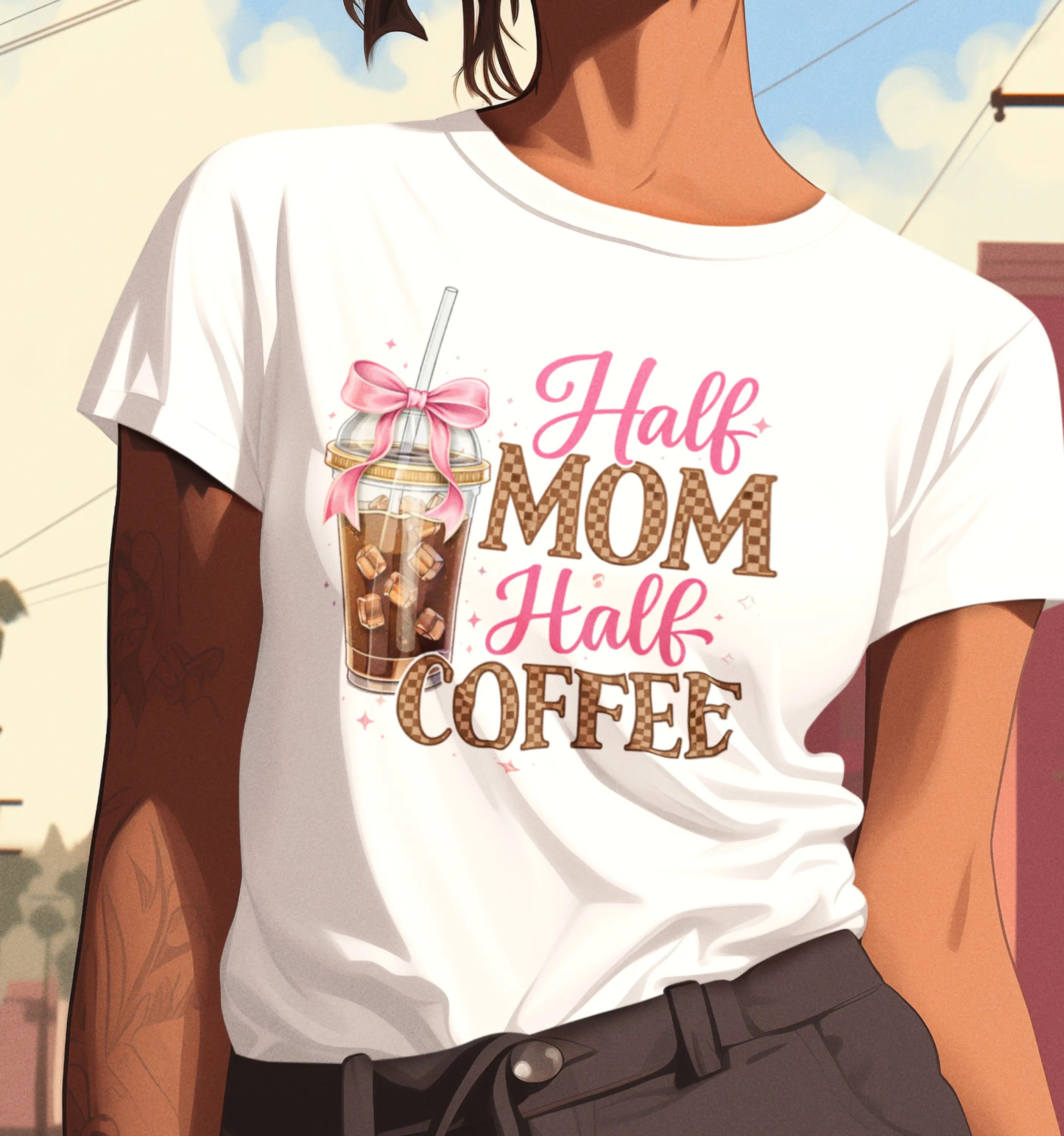 Hintergrund mit Motiv "Coffee Mom" von Nicoles-Transferwelt, zeigt eine stilisierte Mutter mit Kaffeetasse auf hellem Hintergrund.