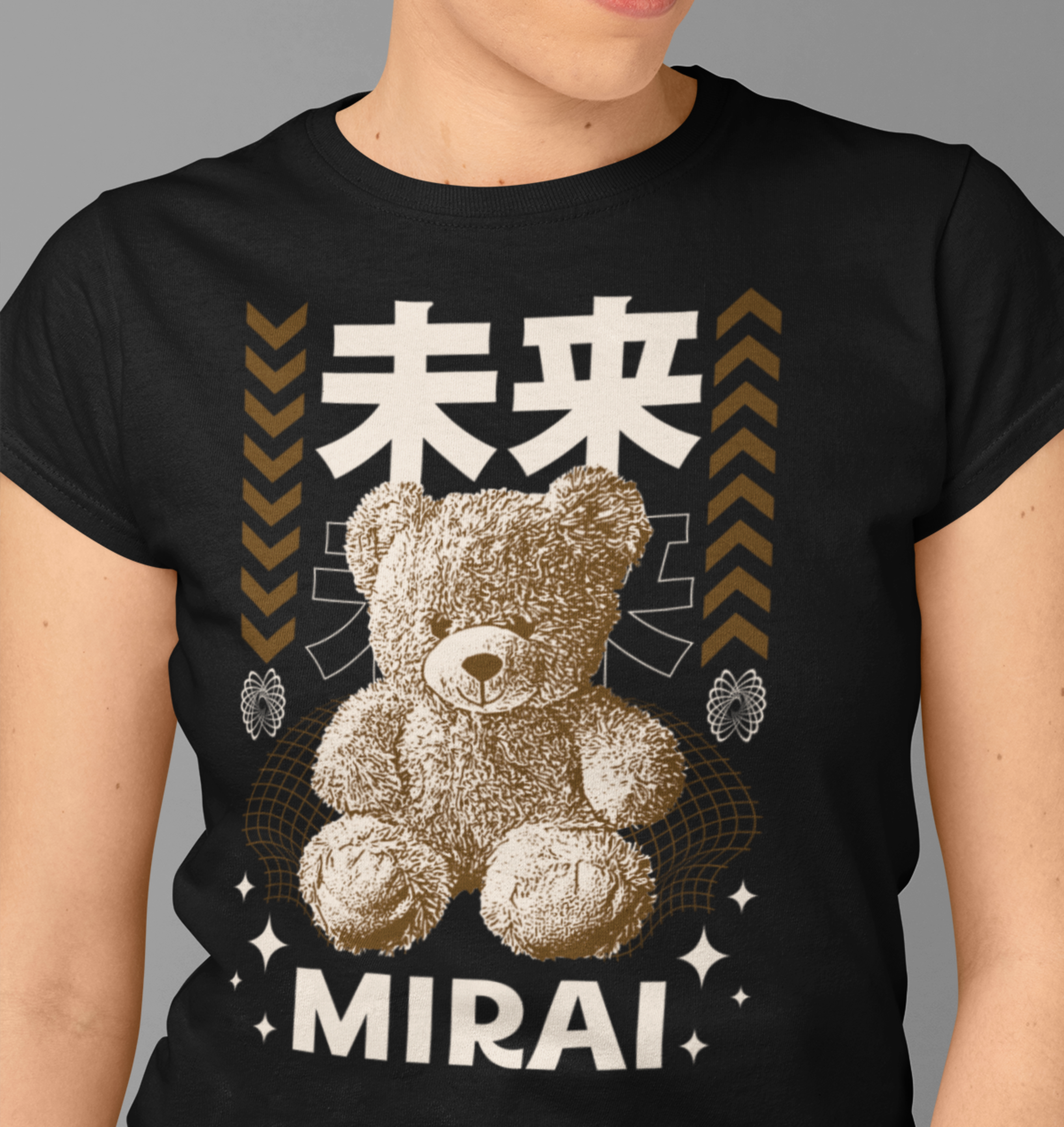 Japanischer Teddy-Motiv von Nicoles-Transferwelt auf Streetwear-Design, farbenfrohes Druckmuster auf Stoff