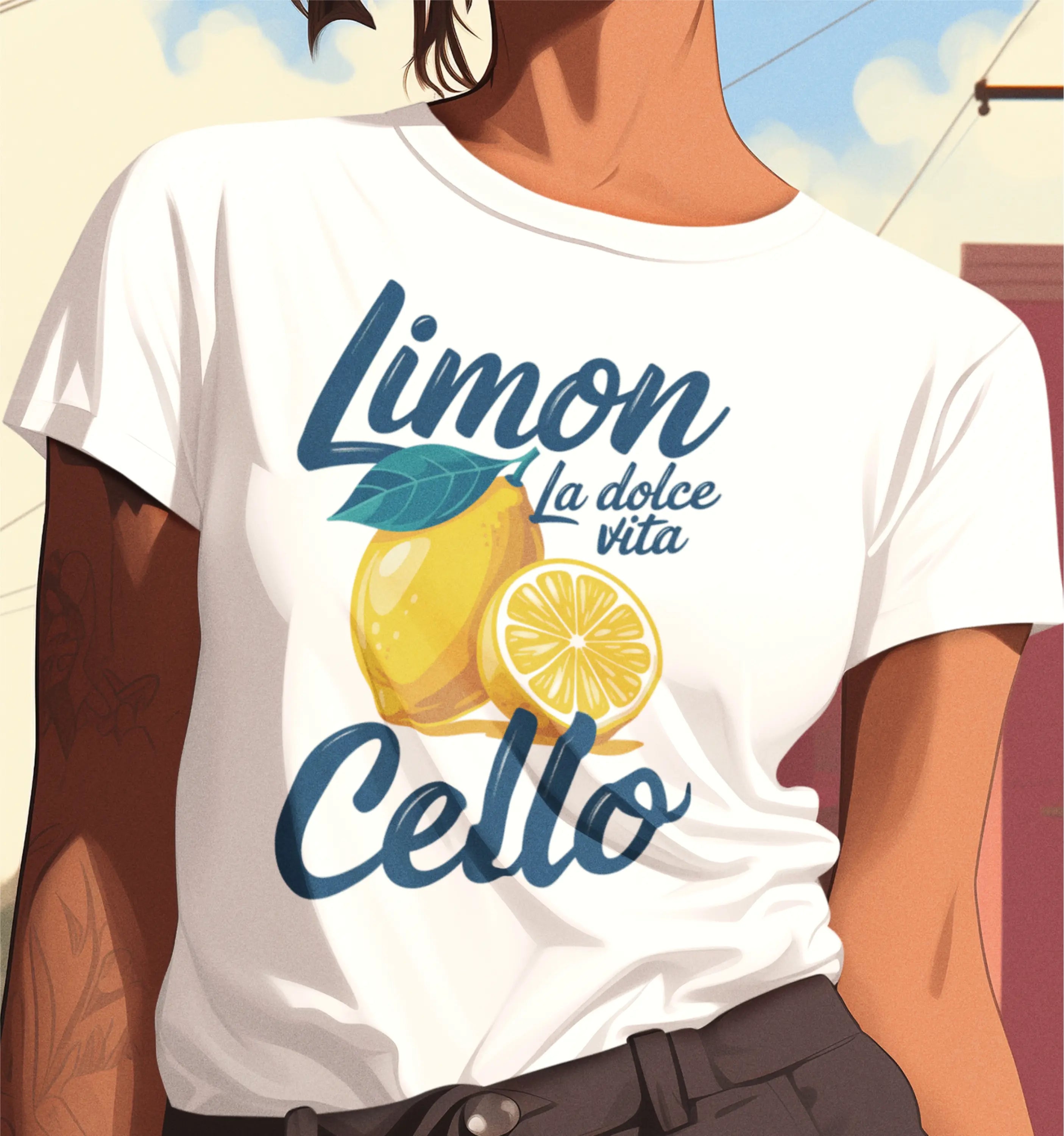 Motive mit Limoncello-Flasche für La Dolve Vita, auf weißem Hintergrund, detailreiche Illustration von Nicoles-Transferwelt